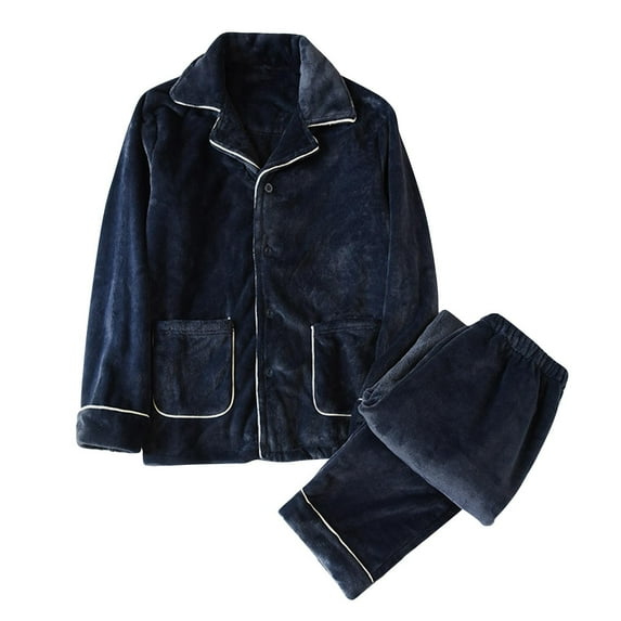 FRSASU Mens Fluffy Thicken Flannel Pajamas Set Lapel Pullover Pants Loose Plush Warm Loungewear Sleepwear Set Navy
