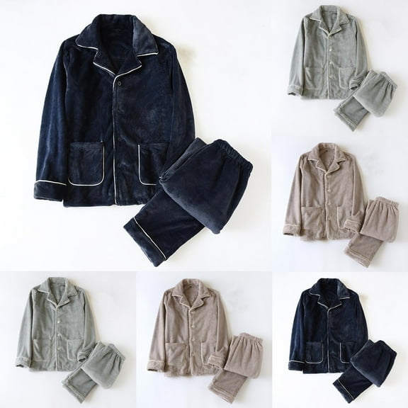 FRSASU Mens Fluffy Thicken Flannel Pajamas Set Lapel Pullover Pants Loose Plush Warm Loungewear Sleepwear Set Navy