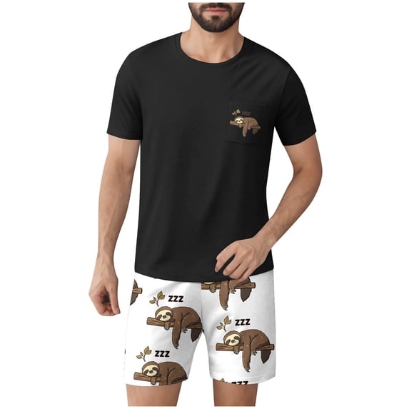 FRSASU Mens Funny Graphics Pajama Short 2 Piece Sets Short Sleeve Crewneck Pajama Shorts Lounge Cotton Set Raglan Sleepwear Black