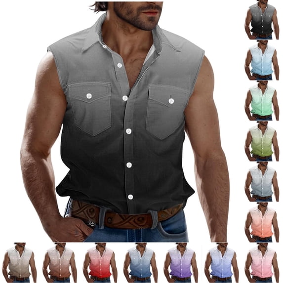 FRSASU Mens Gradient Sleeveless Summer Shirts Beach Tank Tops Button up Dress Vest Tank Shirt for Vacation Watermelon Red
