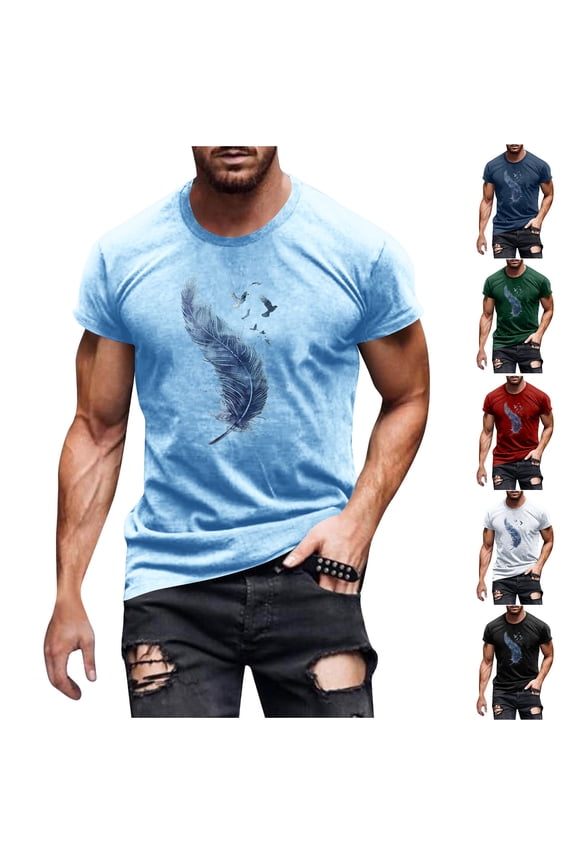 Mens Graphic Tees Vintage T-Shirts Oversized Feather Print Casual Crewneck Cotton Top Short Sleeve Rapper Streetwear White