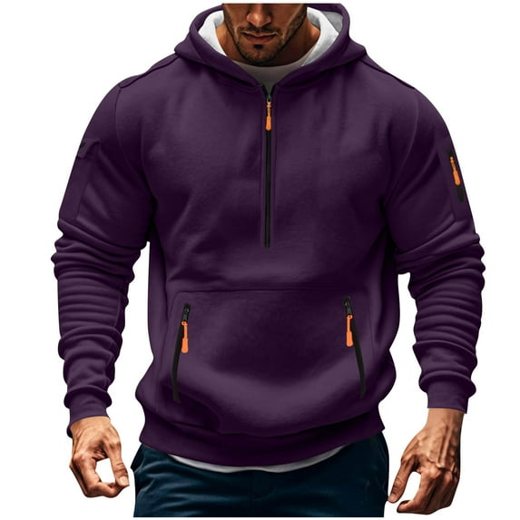 FRSASU Mens Half Zip Plus Size Oversized Comfy Big and Tall Long Sleeve Travel Mens Workwear Hooded Sweatshirt Purple
