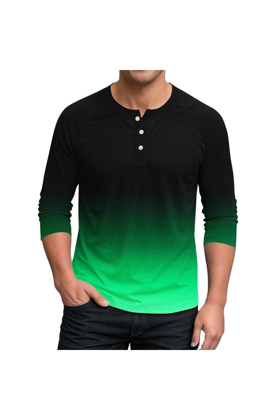 Mens Henley 3/4 Sleeve T-Shirt 3 Button Jersey Baseball Tees Gradient Color Spring Summer Casual Pullover Tops Green