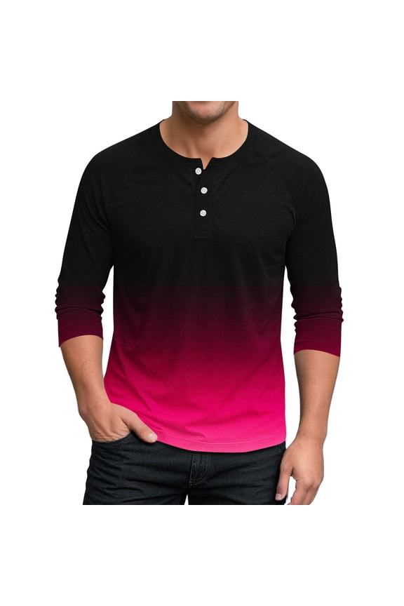 Mens Henley 3/4 Sleeve T-Shirt 3 Button Jersey Baseball Tees Gradient Color Spring Summer Casual Pullover Tops Hot Pink