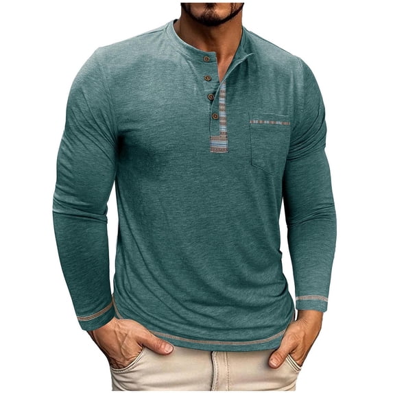 FRSASU Mens Henley Shirts Long Sleeve Color Block T Shirt Casual Vintage Tee Button Pullover Shirts Tops Green