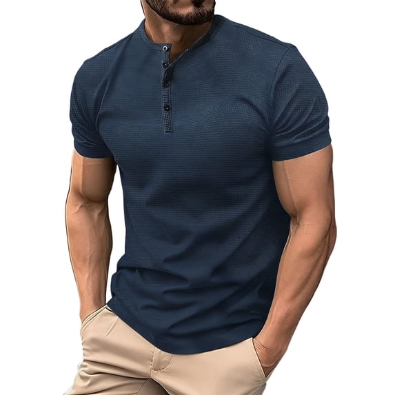FRSASU Mens Henley Shirts Short Sleeve Casual Button Down Shirts Classic Lightweight Summer Basic Tee Navy