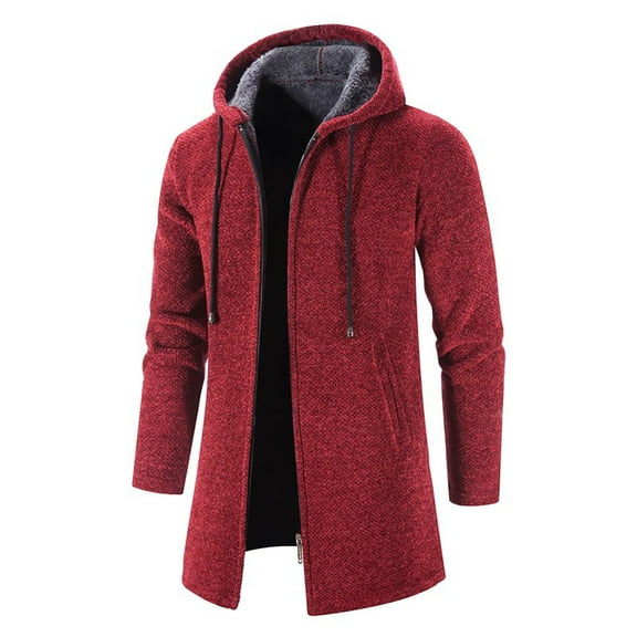 FRSASU Mens Hoodies Casual Zip up Outdoor Jackets Long Sleeve Running Workout Coats Trendy Solid Color Medium and Long Hooded Windbreaker Red