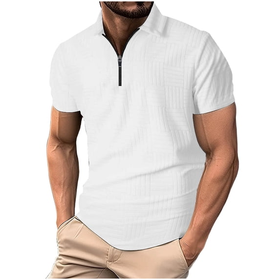 FRSASU Mens Jacquard Polo Shirts Quarter Zip Shirts Casual Classic Lightweight Short Sleeve Golf Collared Shirt White
