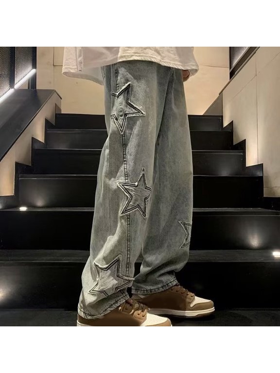 Mens Jeans Hip Hop Baggy Star print Denim Pants Straight Leg Aesthetic Graphic Jeans Streetwear Blue