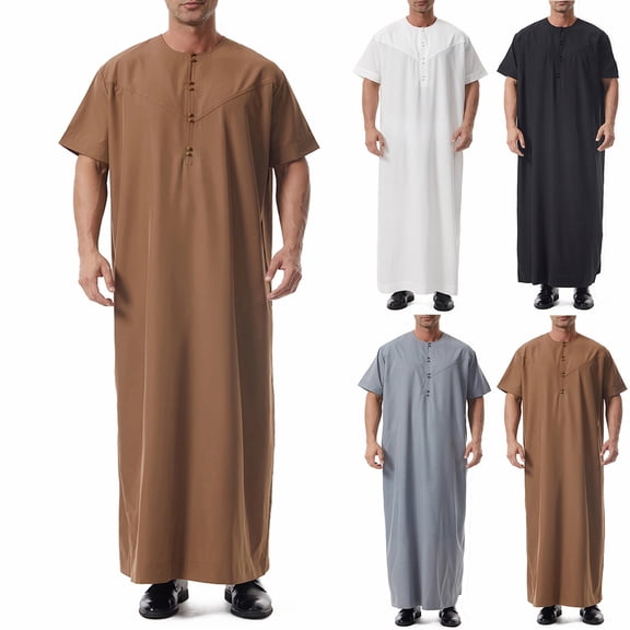 FRSASU Mens Kaftan Thobe V-Neck Half Sleeve Muslim Robe Dubai Long Gown Casual Saudi Arab Thobe Robes White