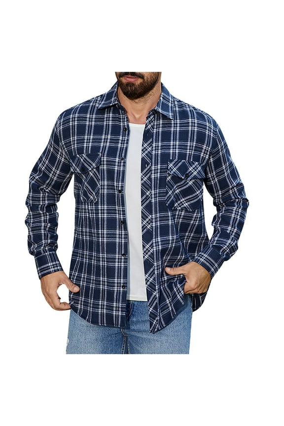 Mens Lapel Long Sleeve Shirt Fashion Button Down Retro Casual Plaid Shirts for Men with Pocket Navy