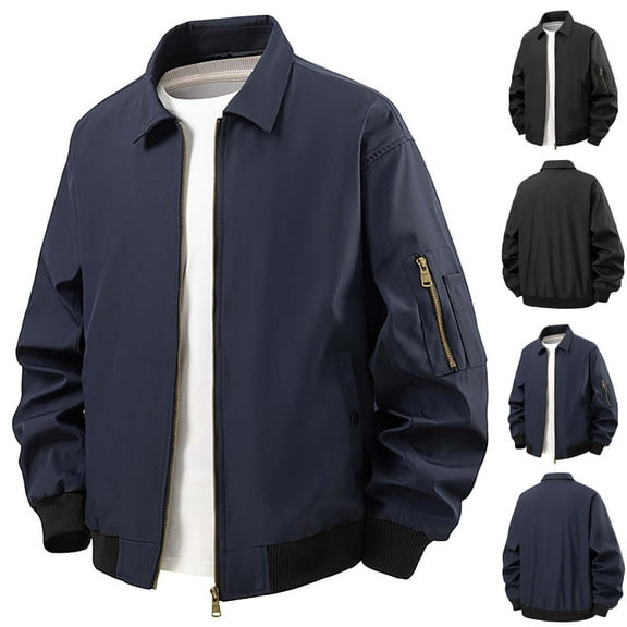 FRSASU Mens Lightweight Full Zip Sports Jacket Lapel Solid Color Running Fitness Long Sleeve Coat with Inner Pocket Navy