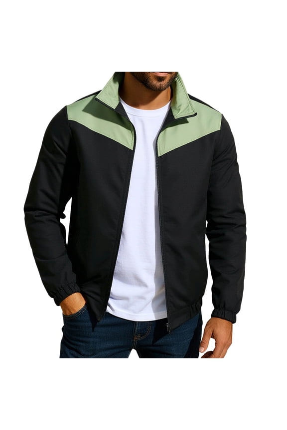 Mens Lightweight Jacket Stand up Collar Casual Bomber Jacket Color Block Varsity Coat Green