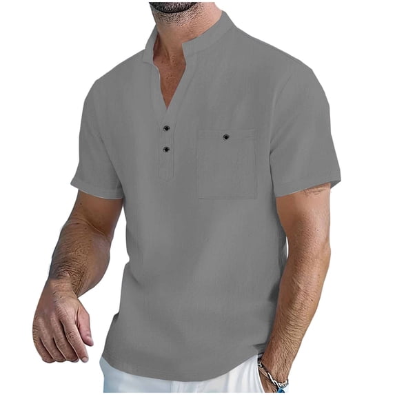 FRSASU Mens Linen Beach Shirts Summer Vacation Short Sleeve Henlay Shirt Button Collared T-Shirts with Pocket Gray