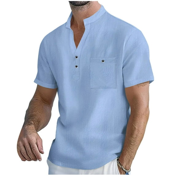 FRSASU Mens Linen Beach Shirts Summer Vacation Short Sleeve Henlay Shirt Button Collared T-Shirts with Pocket Sky Blue