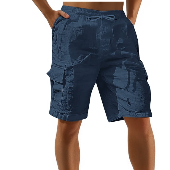 FRSASU Mens Linen Cotton Cargo Short Casual Summer Beach Shorts Elastic Waist Drawstring Cargo Pants with Multiple Pockets Navy