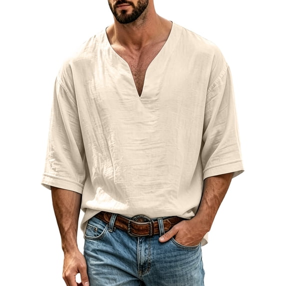 FRSASU Mens Linen Shirts Loose Fit Long Sleeve Basic T-Shirt Solid V Neck Hippie Yoga Pullover Tops Khaki