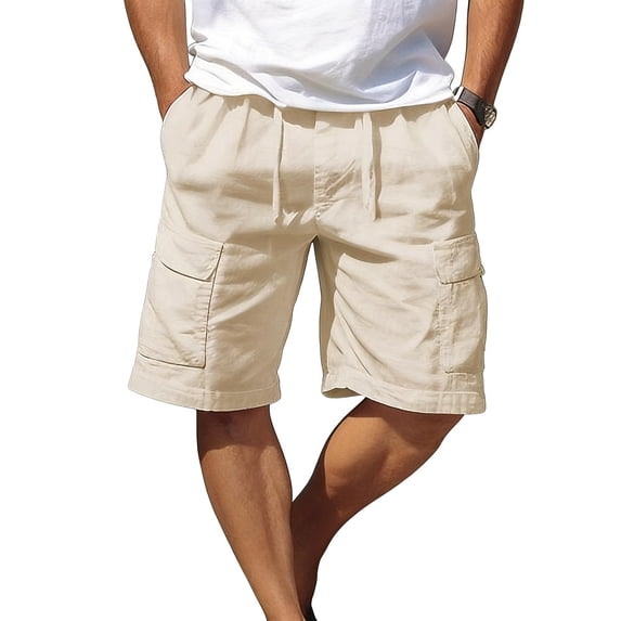 FRSASU Mens Linen Shorts Casual Summer Beach Shorts Elastic Waist Drawstring Cargo Pants with Multiple Pockets Khaki