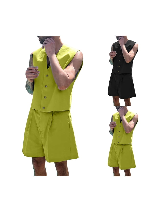 Mens Linen Suit 2 Piece Short Suits for Men Casual Summer Groomsmen Beach Wedding Party Suit Nylon V Neck Dress Vest Wide Leg Shorts Set Yellow