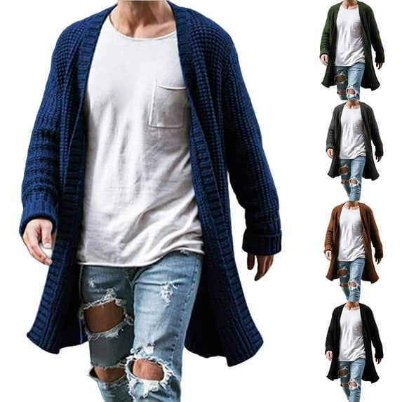 FRSASU Mens Long Cardigan Sweater Casual Cable Knit V Neck Shawl Collar Open Front Ribbed Long Fall Winter Sweaters Black