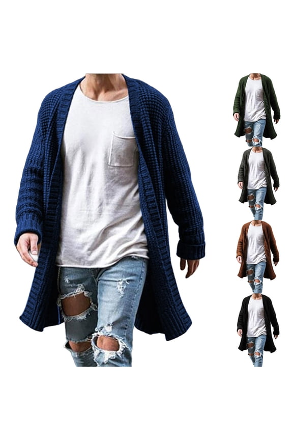 Mens Long Cardigan Sweater Casual Cable Knit V Neck Shawl Collar Open Front Ribbed Long Fall Winter Sweaters Gray