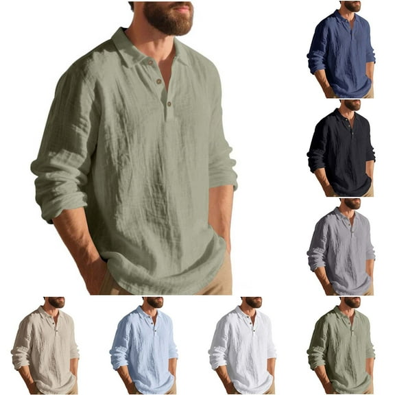 FRSASU Mens Long Sleeve Linen Shirts Casual Lapel Half Button Shirt Regular Fit Summer Beach Shirts White