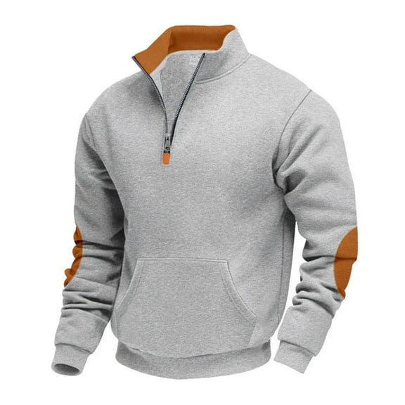 FRSASU Mens Long Sleeve Polo Shirts Fashion Solid Color Zipper Stand up Collar T Shirts with Pocket Gray