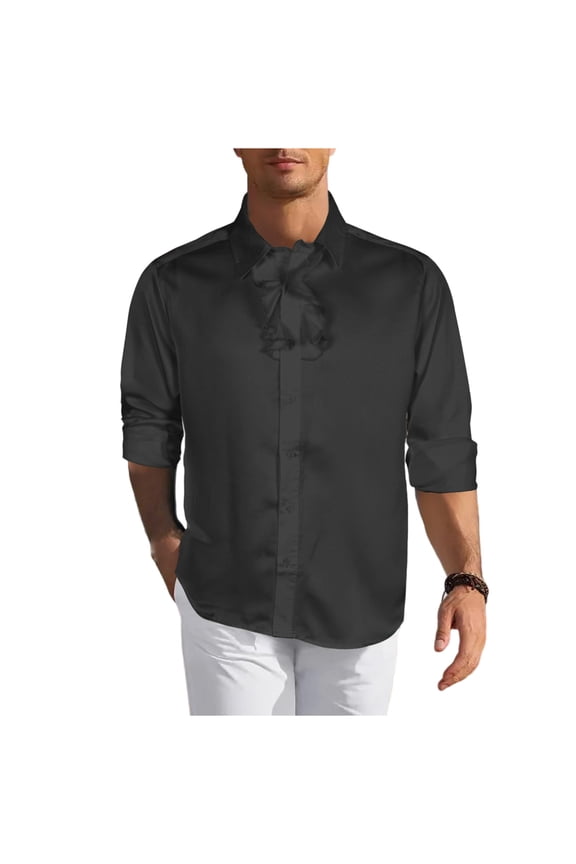 Mens Loose Single Breasted Long Sleeves Lapel Shirts Soft Casual Fashion Tops Black