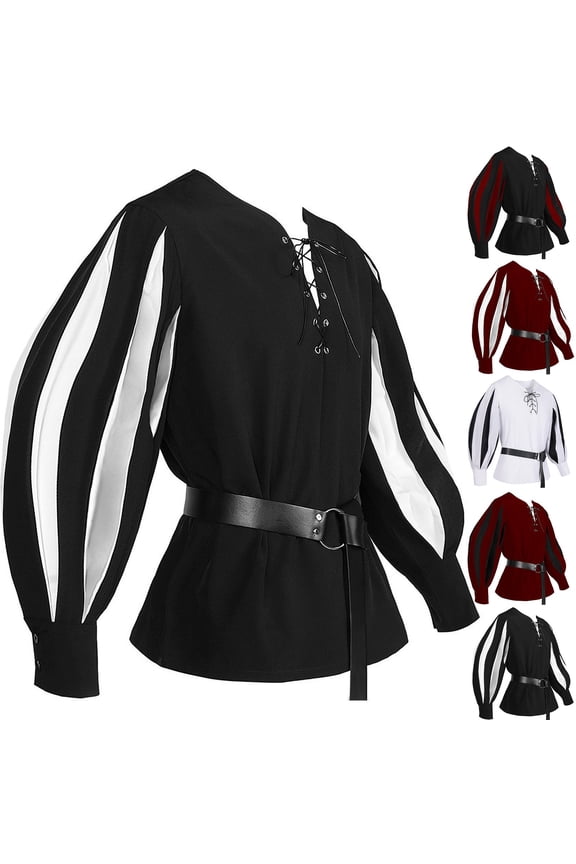 Mens Medieval Pirate Costume Tunic Renaissance Viking Lace Up Shirts Knight Warrior Halloween Tops White
