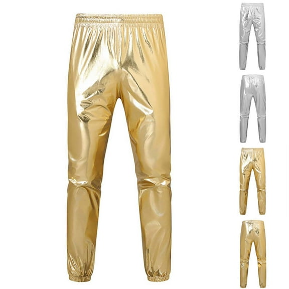 FRSASU Mens Metallic Disco Pants 70s/80s Sequin Drawstring Waist Party Club Shiny Sports Stage Performance Elastic Waist Pants Silver