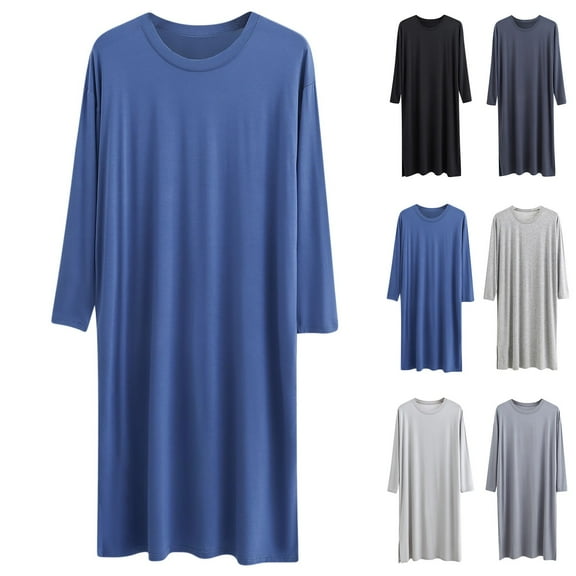 FRSASU Mens Modal Nightgown Long Sleeve Lounge, Round Neck Pajama Big & Tall Nightshirt Comfy Nightwear Silver