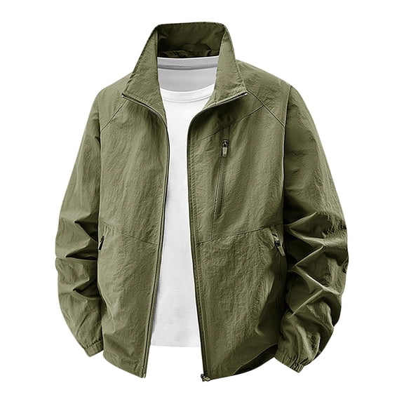 FRSASU Mens Multiple Zipper Pockets Jacket Solid Color Outdoor Hiking Training Warm Work Long Sleeve Coat Army Green