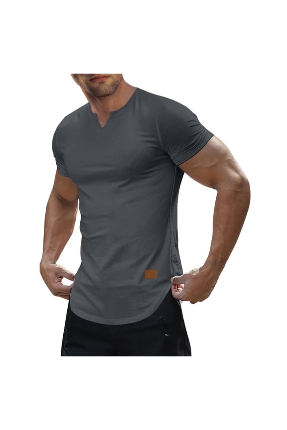 Mens Muscle Slim T Shirts Ribbed Texture V Neck Longline Henley Gym Workout Athletic Short Sleeve Tee Shirt Dark Gray