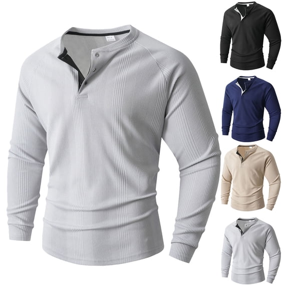 FRSASU Mens New Round Neck Long Sleeve Henley Bottoming Tops Vertical Stripe Polo Shirt Sky Blue