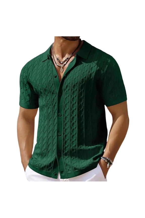 Mens Old Money Knitted Shirts Short Sleeve Cardigan Button Down Polo Shirts,Summer Beach Textured Sweater Shirts Green