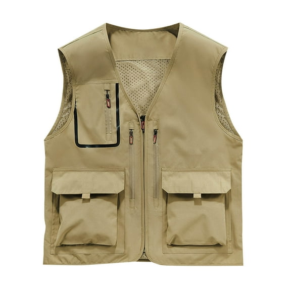 FRSASU Mens Outdoor Vest Quick-Dry Fishing Vest Work Camping Hiking Utility with Pocket Khaki
