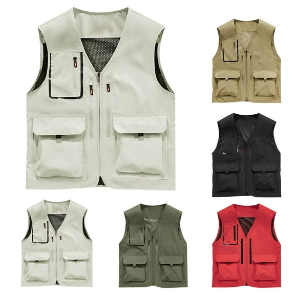 FRSASU Mens Outdoor Vest Quick-Dry Fishing Vest Work Camping Hiking Utility with Pocket White