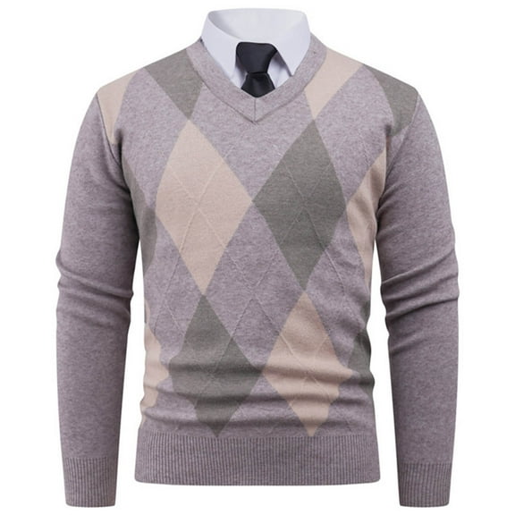 FRSASU Mens Paid Printed V Neck Sweater Casual Cable Knit Slim Fit Pullover Long Sleeve Fall Winter Sweaters Khaki