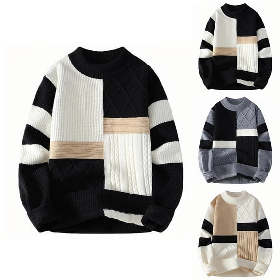 FRSASU Mens Patchwork Sweater Colorblock Knit Vintage Cable Knitted Pullover Round Neck Sweater White