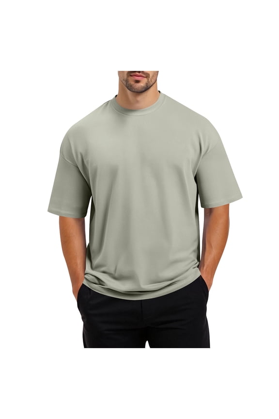 Mens Plain Cotton Shirts Short Sleeve Casual Crew Neck Loose T-Shirts Hipster Hip Hop Longline Tees Drop Cut Curved Hem Slit Beige
