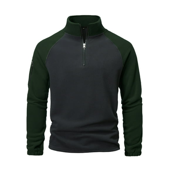 FRSASU Mens Polar Fleece Long Sleeve Polo Shirts Fashion Color Block Zipper Stand up Collar T Shirts Army Green