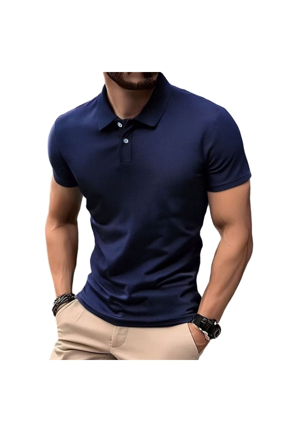 Mens Polo Shirt Casual Henley Band Collar Short Sleeve Summer Button Collar Knitted Golf Polo Shirts Navy