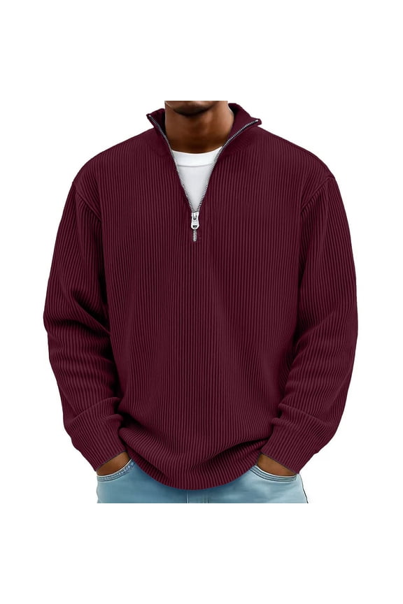 Mens Quarter Zip Oversized Corduroy Sweater Mock Neck Sweatshirts Casual Ribbed Knit Pullover Fall Lightweight Polo Sweaters Wine
