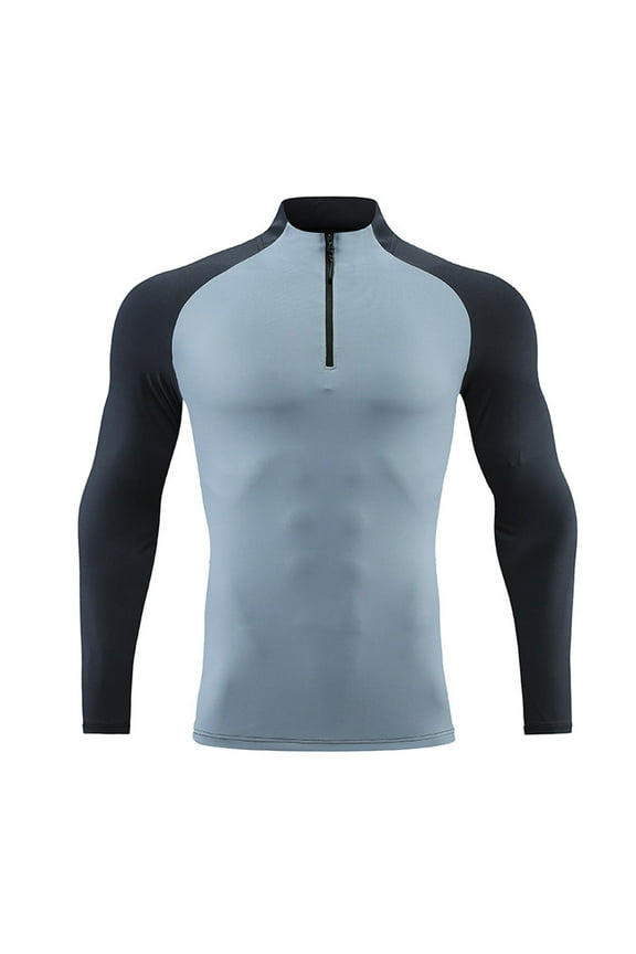 Mens Quarter Zip Tight Top Long Sleeve Color Block T Shirts for Men Sports and Fitness Lightweight Casual Top Blue