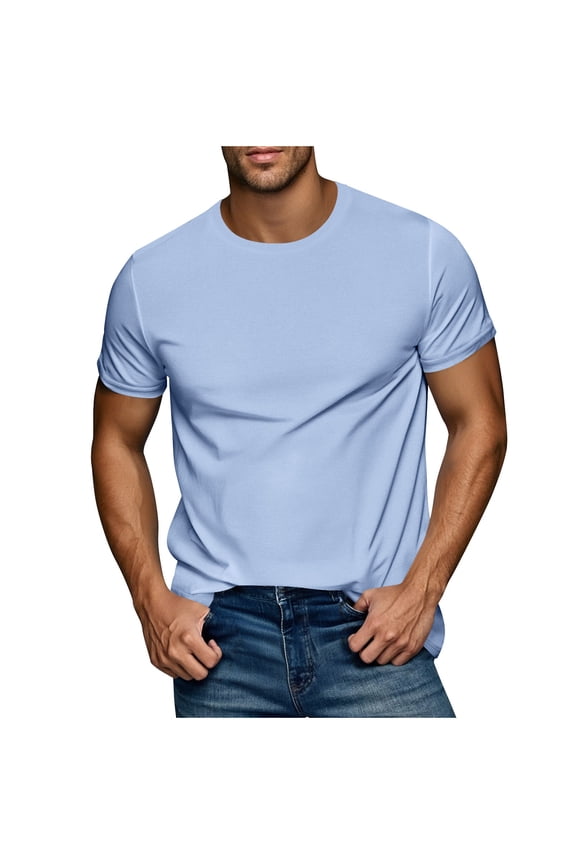 Mens Regular Fit Crew Neck T Shirts Short Sleeve - 100% Cotton Shirts for Men, Plain Casual Tee Shirts Light Blue