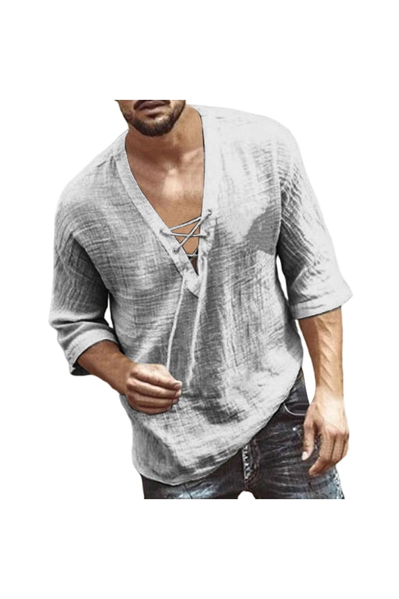 Mens Retro Lace Up Pure Cotton Linen Like Versatile Breathable Lightweight Beach Summer Hippie Boho Shirts Gray