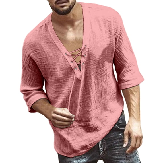 FRSASU Mens Retro Lace Up Pure Cotton Linen Like Versatile Breathable Lightweight Beach Summer Hippie Boho Shirts Red