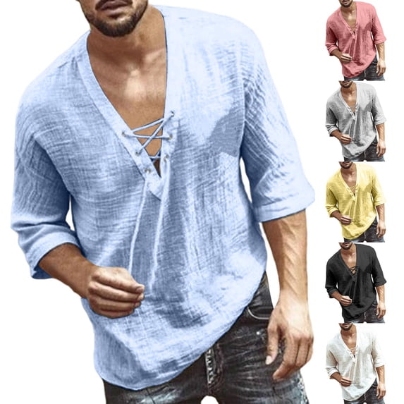 FRSASU Mens Retro Lace Up Pure Cotton Linen Like Versatile Breathable Lightweight Beach Summer Hippie Boho Shirts Yellow