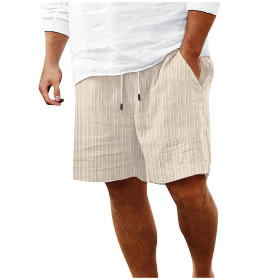FRSASU Mens Ribbed Knit Casual 5"/ 7" Cotton Linen Shorts - Elastic Waist Drawstring Summer Beach Shorts with Pockets Khaki
