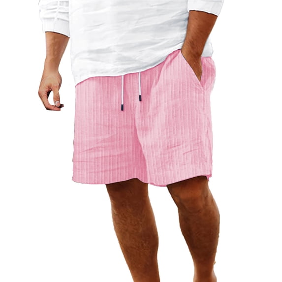 FRSASU Mens Ribbed Knit Casual 5"/ 7" Cotton Linen Shorts - Elastic Waist Drawstring Summer Beach Shorts with Pockets Pink